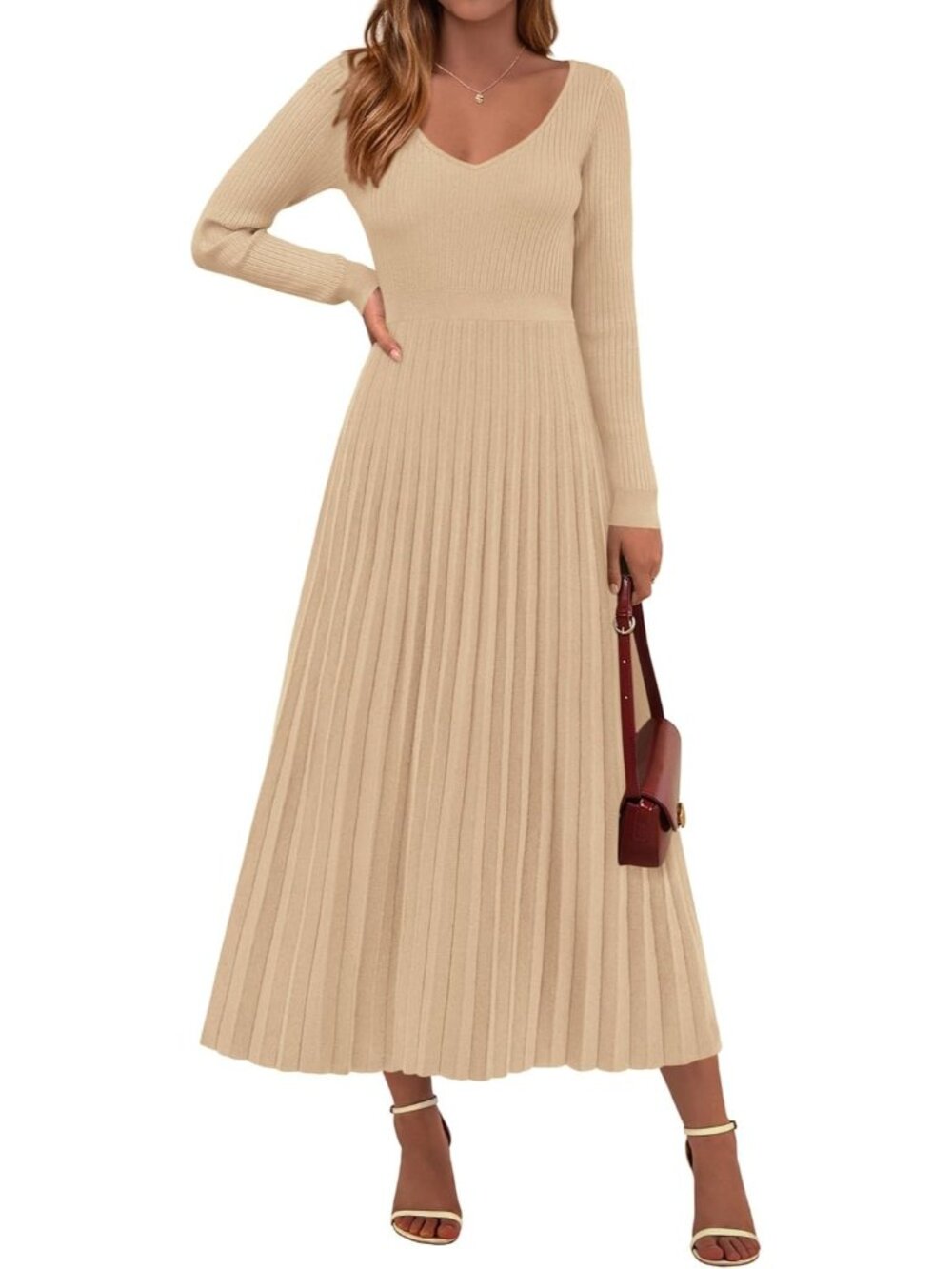 🆕 Women's Beige Ribbed Knit Long Sleeve V-Neck Pleated A-Line Midi Dress